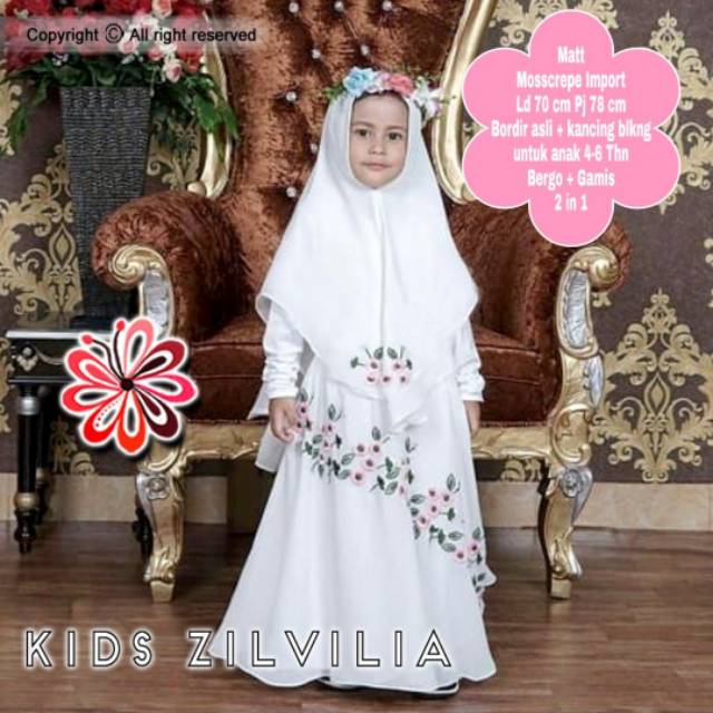Gamis syari putih anak perempuan 3-5 tahun, set baju gamis putih manasik, set hijab putih anak tk-sd