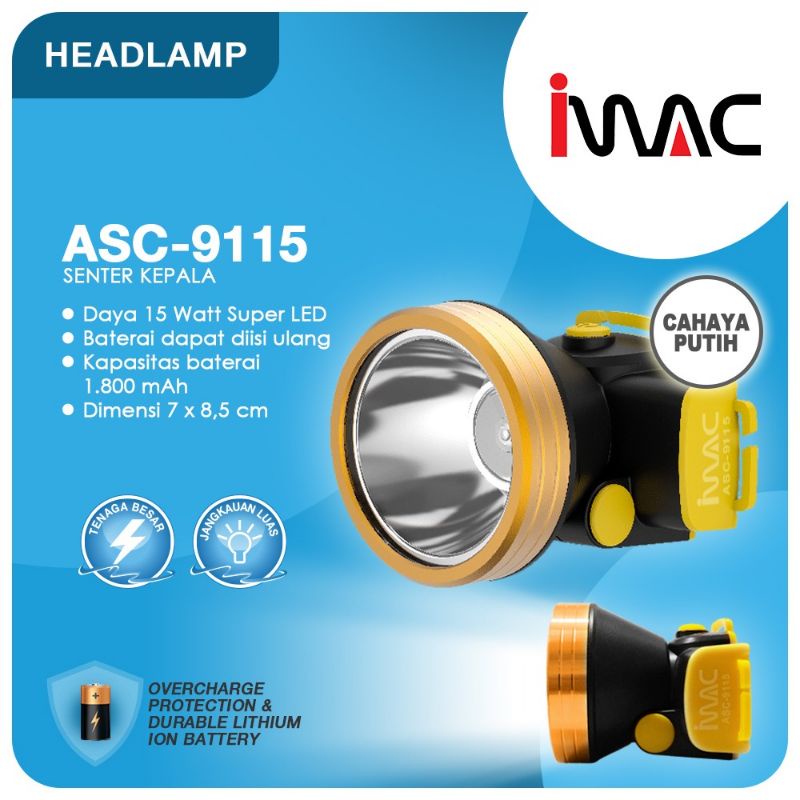 Senter Kepala 15 Watt Emergency / Senter Kepala 15Watt Headlamp Darurat IMAC ASC-9115 Warna Putih 15