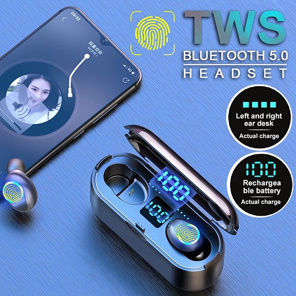 (COD) F9-8 Headset Bluetooth 2200mah Power Bank TWS with Mic 9D Bass LED Display Smart Touch Finger