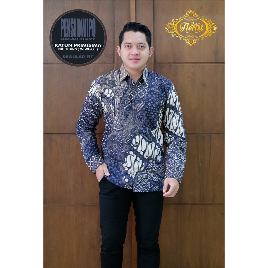 PEKSI DWIPO NAVY ABU PUTIH TULANG kemeja batik pria lengan panjang terbaru ORIGINAL BY BATIK FLORIST