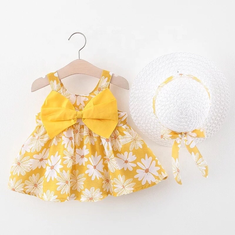 Dress Anak Perempuan Bahan Katun Premium Free Topi Lucu Rok Terusan Anak Gambar Bunga Daisy Dress Anak Cewe Murah Dress Bayi Lucu