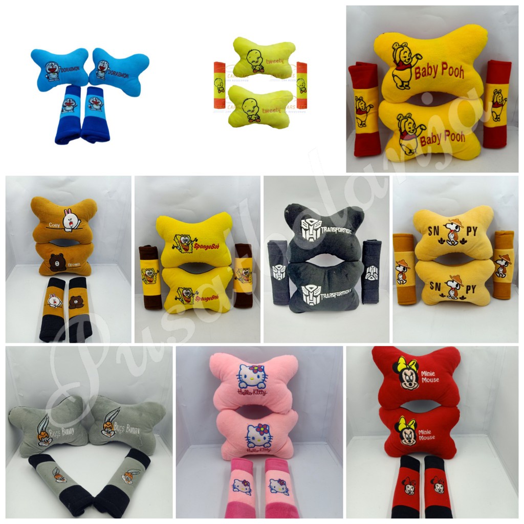 Bantal jok mobil 2in1 bantal safety belt gambar boneka kartun