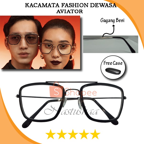 Kacamata Normal Frame Besi Kaca Mata Gaya Fashion Korea Untuk Wanita/Pria Kacamata Aviator Retro Eyeglasses FREECASE