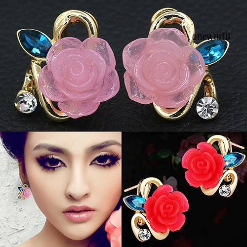 OW@ Women Cute Lady Rhinestone Resin Rose Flower Earrings Ear Studs Jewelry Gift