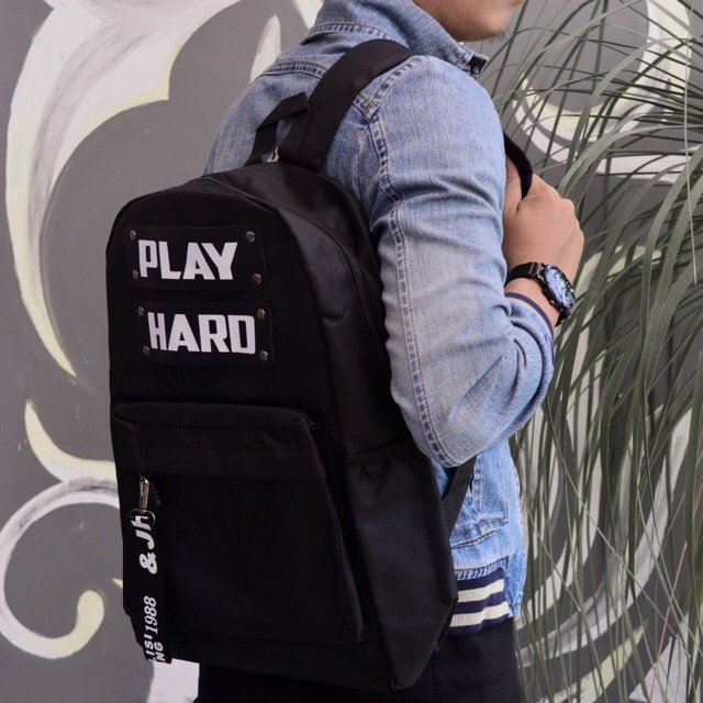 Unisex Korean canvas backpack Play Hard / Ransel wanita kanvas Tas Ransel Cowok / Tas Sekolah import