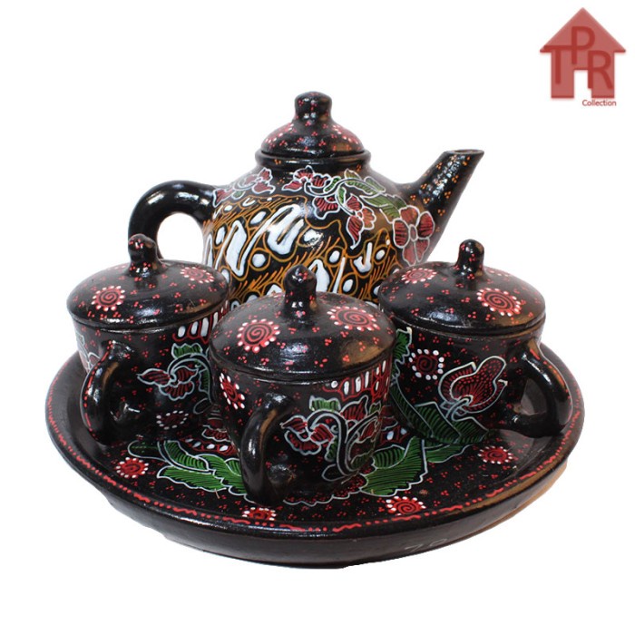 Gerabah Tea Set Premium - Poci Batik Tulis - Motif Spiral Bunga J