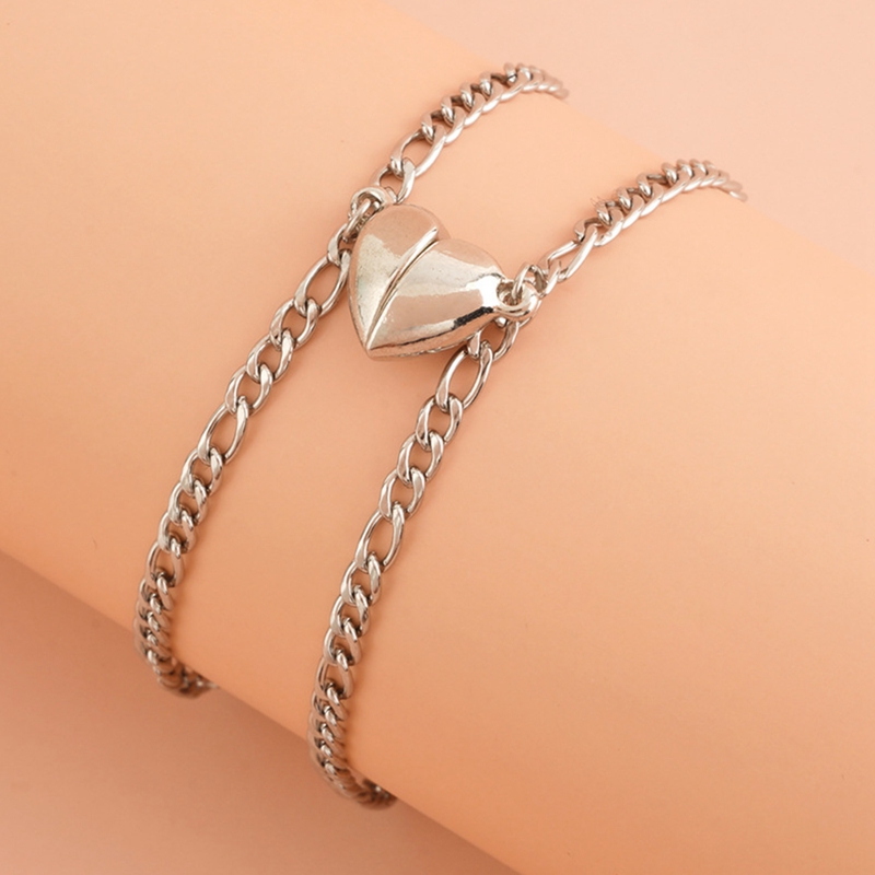 2pcs / Set Stainless Steel Couple Heart-Shaped Magnet Braided Bracelet / Friendship Rope Wrist Chain Jewelry Valentine's Day Lover/Adjustable Braid Rope Bracelet