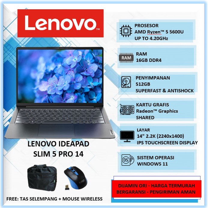 Laptop Lenovo Ideapad Slim 5 Pro 14 Touchscren 2.2K AMD Ryzen 5 5600U Ram 16GB SSD 512GB Win11Home S