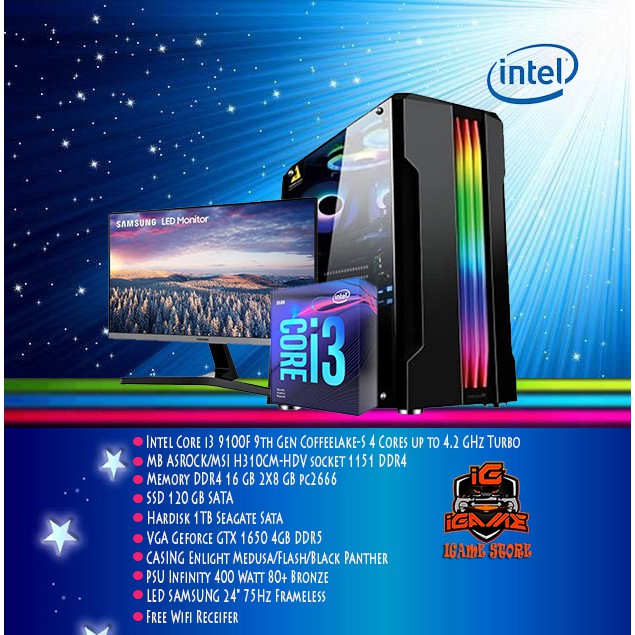 LENGKAP MANTAFF Gan PC GAMING Intel Core i3 9100F/GTX 1650 4GB DDR5/SAMSUNG 24 75Hz