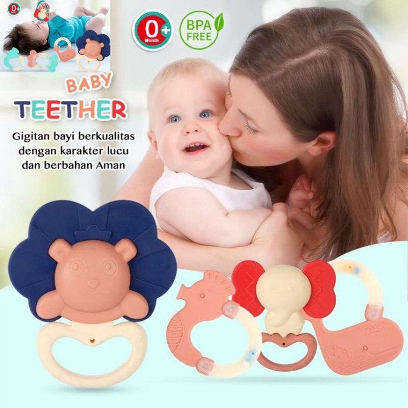 2in1 Mainan gigitan bayi teether dan Rattle genggam Model Bulat