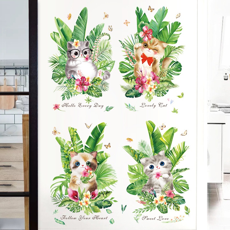 Stiker Dinding Desain Kartun Daun Hijau Kucing Untuk Dekorasi Kamar Anak