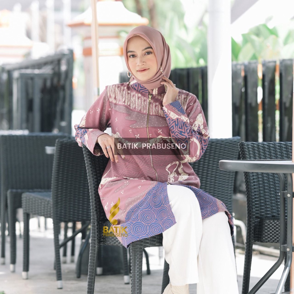 Gandari Ungu  Batik Tunik Kekinian Wanita Populer Batik Modern Katun Printing Seragam Kerja Atasan P
