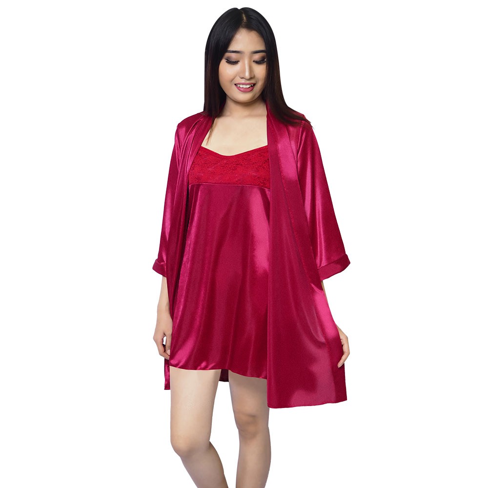 FOLVA kimono set baju tidur satin 1270MSET maroon all size