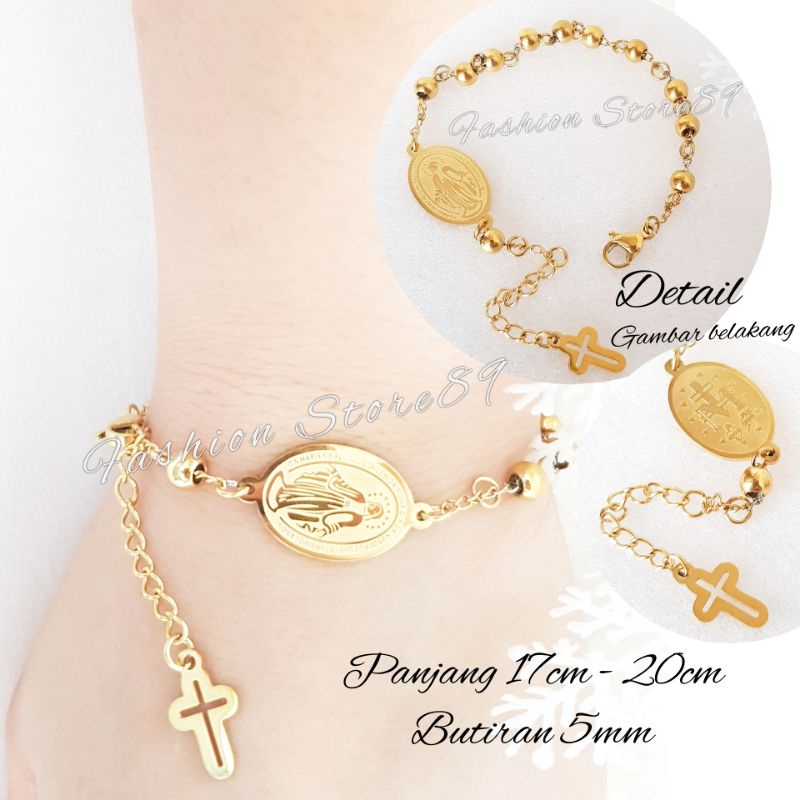 Gelang rosario Bunda Maria Salib Jurai Titanium Silver Gold Antikarat fashion wanita