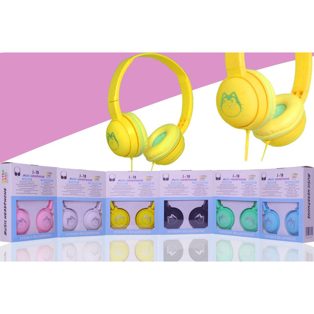 【READY】Headphone Macaron J-18 Extra Bass - Headset Gaming Cartoon J18