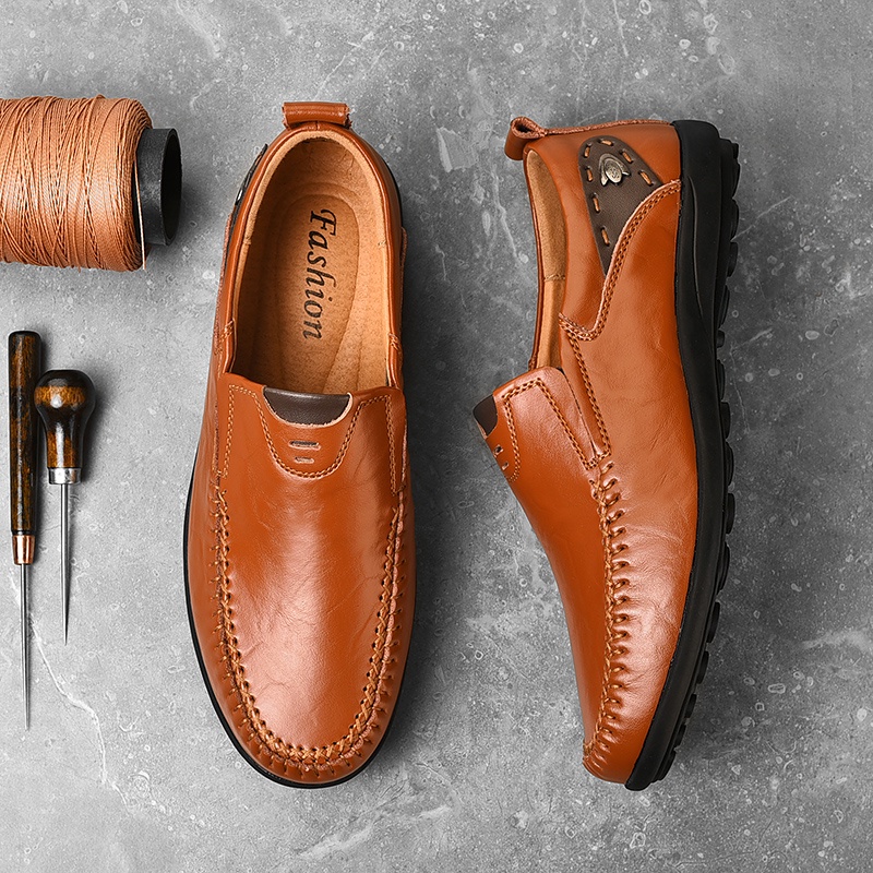 Sepatu Pantofel Pria Kulit Asli Pantofel Keren Formal Slip On Sepatu Tanpa Tali Santai Kasual Anti Slip Kantor Cowok Kekinian 004