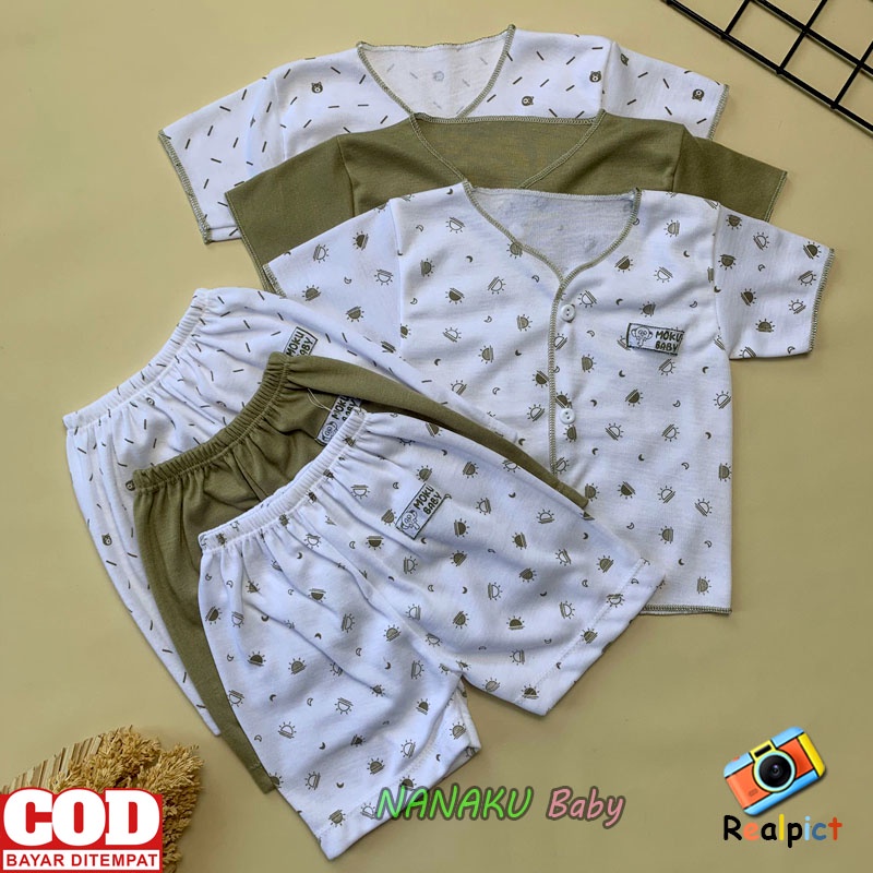 Isi 6 PCS Baju Celana Bayi / 3 Setel Baju Lengan Pendek Celana Pendek Bayi Usia 0-3 Bulan Seri Army - Anababy