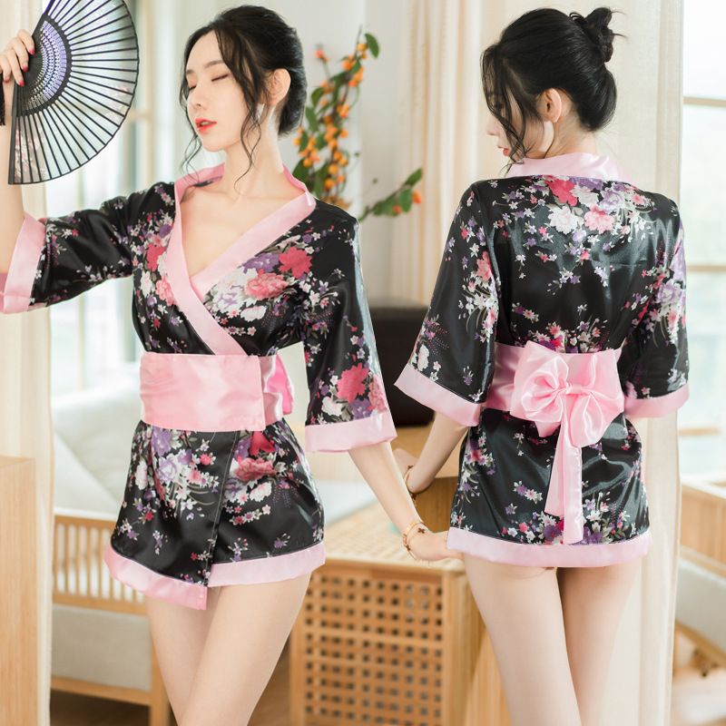 Sexy Kimono Jepang Cosplay Kostum Hitam Pink Motif Bunga