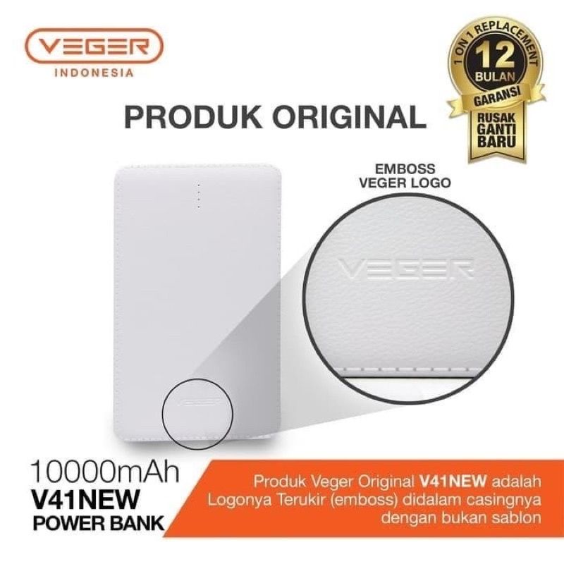 Power Bank VEGER 10000mAh v41 Original Garansi Resmi 1 Tahun