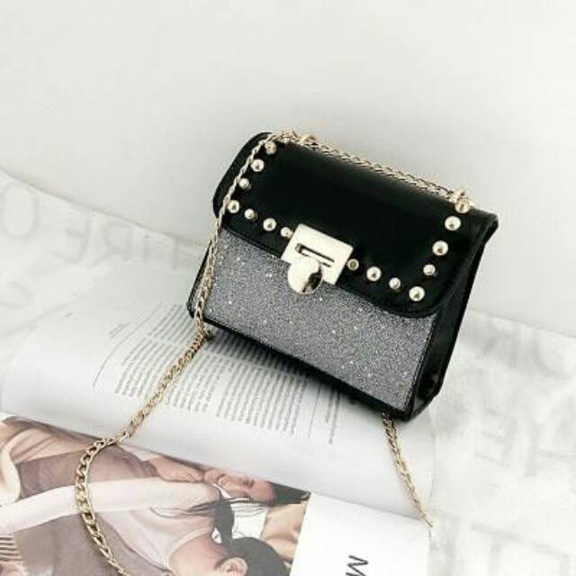 Tas Wanita Slempang TAS260 Tali Rantai Black Hitam