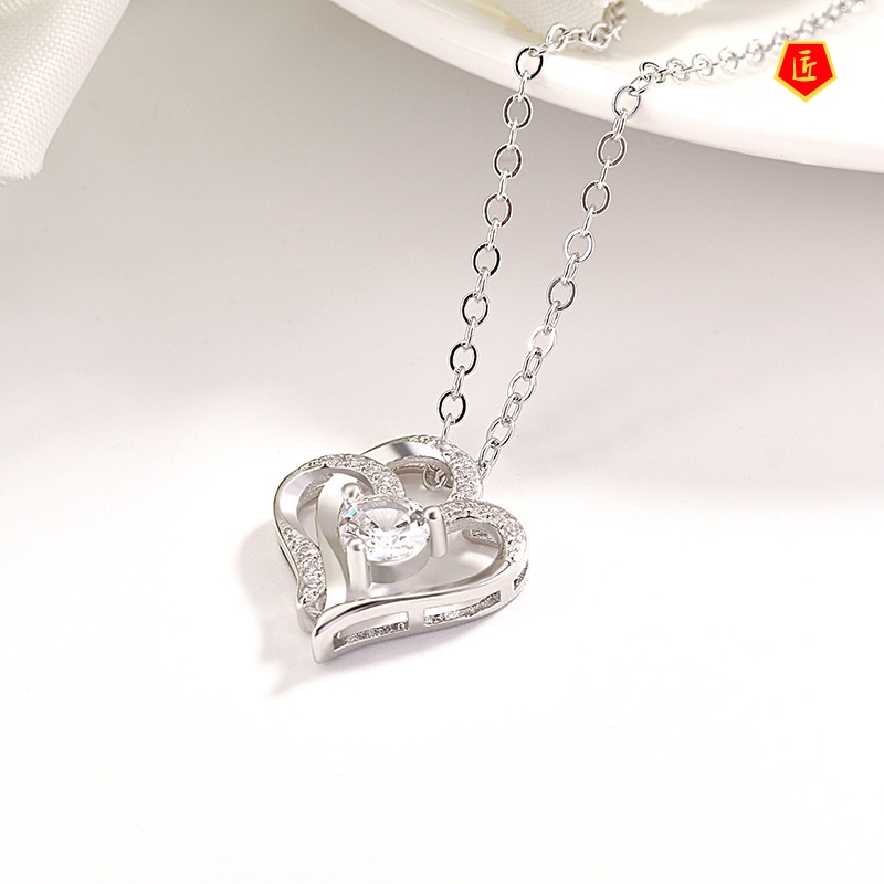 [Ready Stock]Platinum Heart-to-Heart Diamond Pendant Necklace Elegant Niche