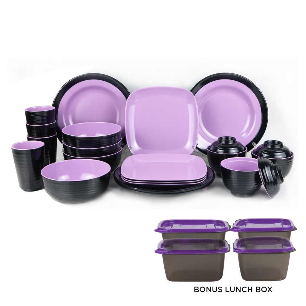 Melamin Set 2 warna 23 Pcs Free Lunch Box / Dinner Set 23 pcs Two Tone Melamine - Gift Set - Dinnerware set - Tableware Set - Golden Dragon