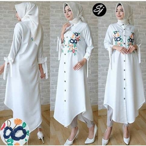 BIG PROMO Blouse panjang pita twistcone long tunik pjg kcg krh (putih) L besar