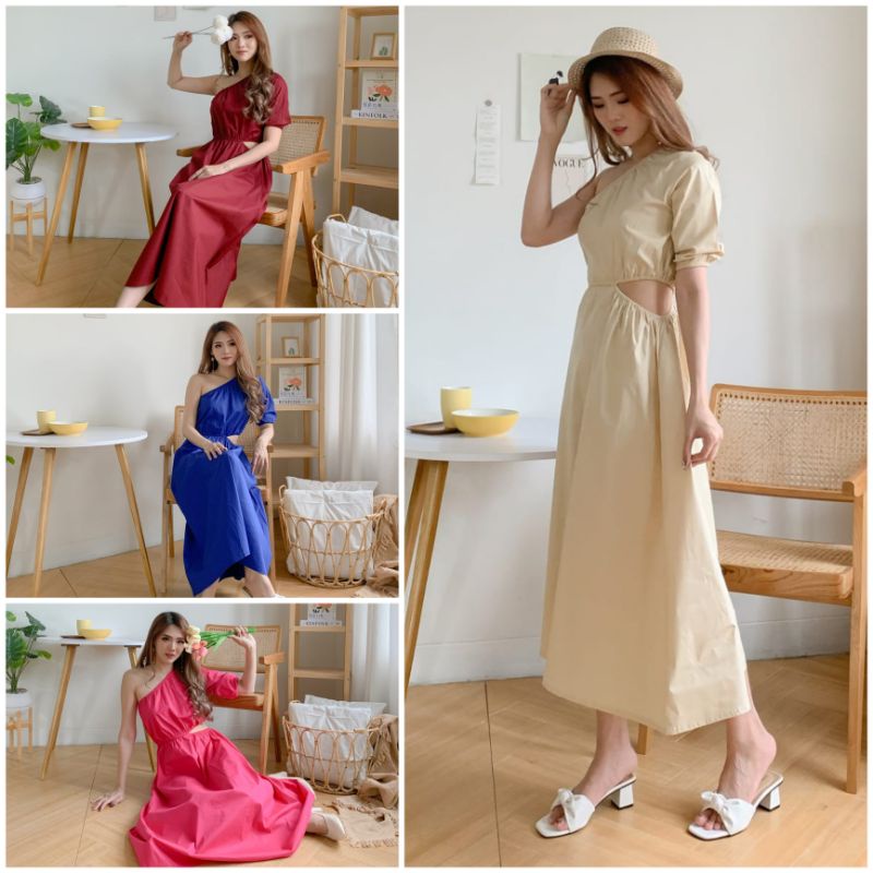 ❣️ SPECIAL PRICE ♡ PREMIUM ♡ ORIGINAL ! ANGIE VINTAGE PLAIN ONE SHOULDER SIDE LESS MIDI PARTY DRESS