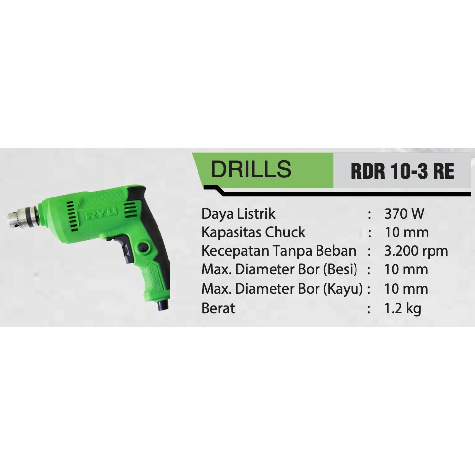 mesin bor tangan 10mm ryu RDR 10-3 RE - mesin bor ryu - mesin bor murah - mesin bor 10 mm ryu