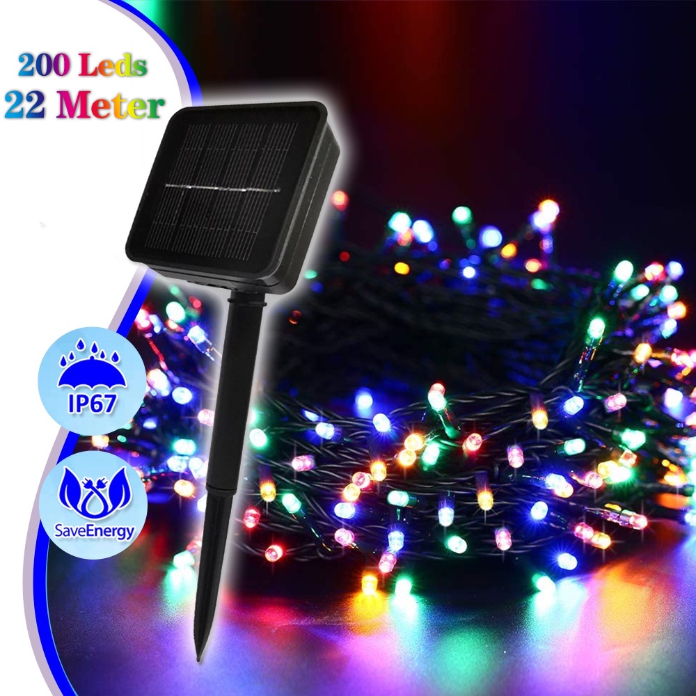 Lampu TENAGA SURYA 22meter 200LED Solar Tumblr String Lights 8 Modes Solar Twinkle Fair Lights for Christmas Garden Auto on/off 22m Solar led light Warna Warni Outdoor Waterproof Lampu Raya