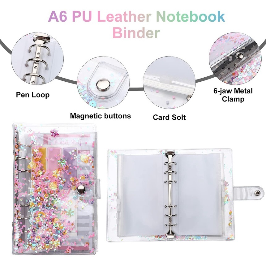 A6 Clear Soft PVC Notebook Binder Cover Planner 6-Ring Loose-Leaf Folder Cash Budget Envelope System with10 PCS Pockets