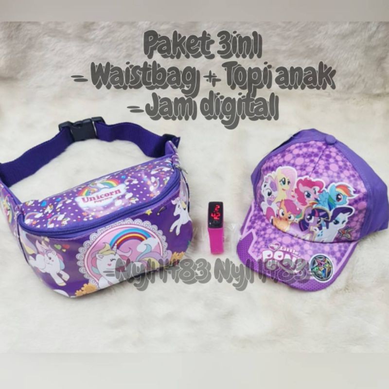 Paket 3in1 tas selempang waistbag + topi anak / jam tangan digital