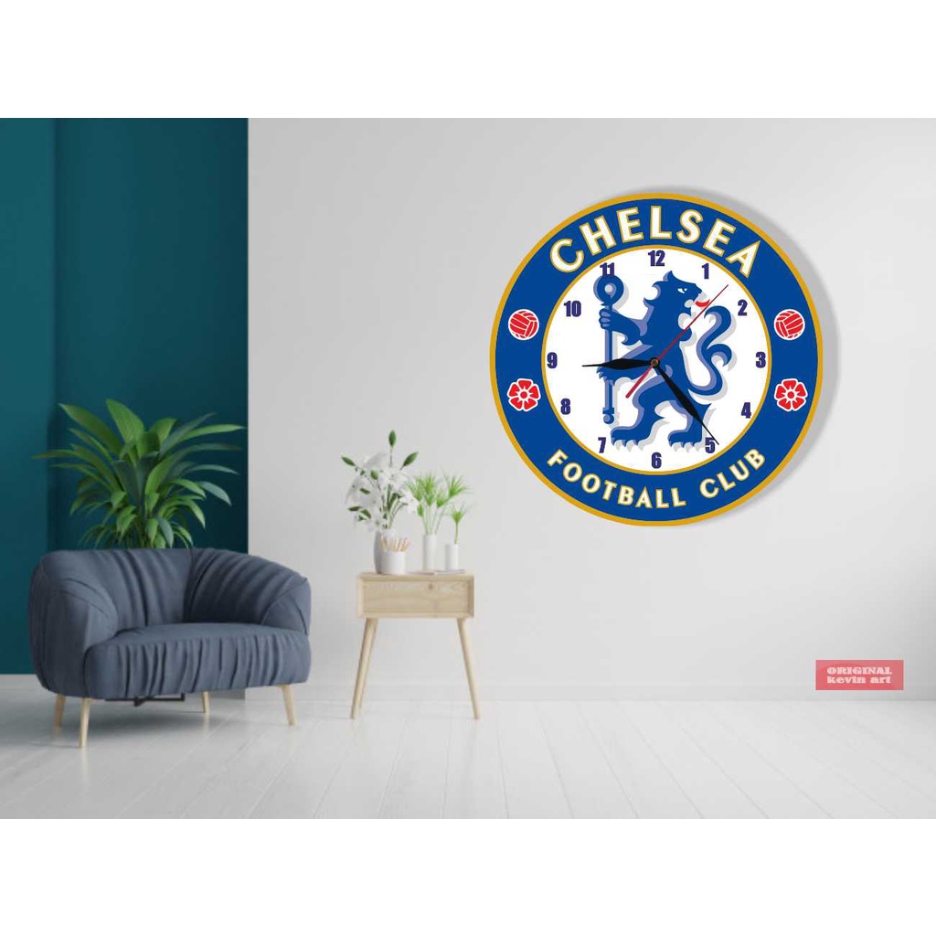 JAM DINDING KAYU UNIK BESAR KARAKTER GAMBAR LOGO CHELSEA