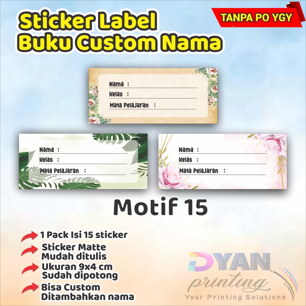 15 PCS STICKER LABEL BUKU ,BISA CUSTOM NAMA