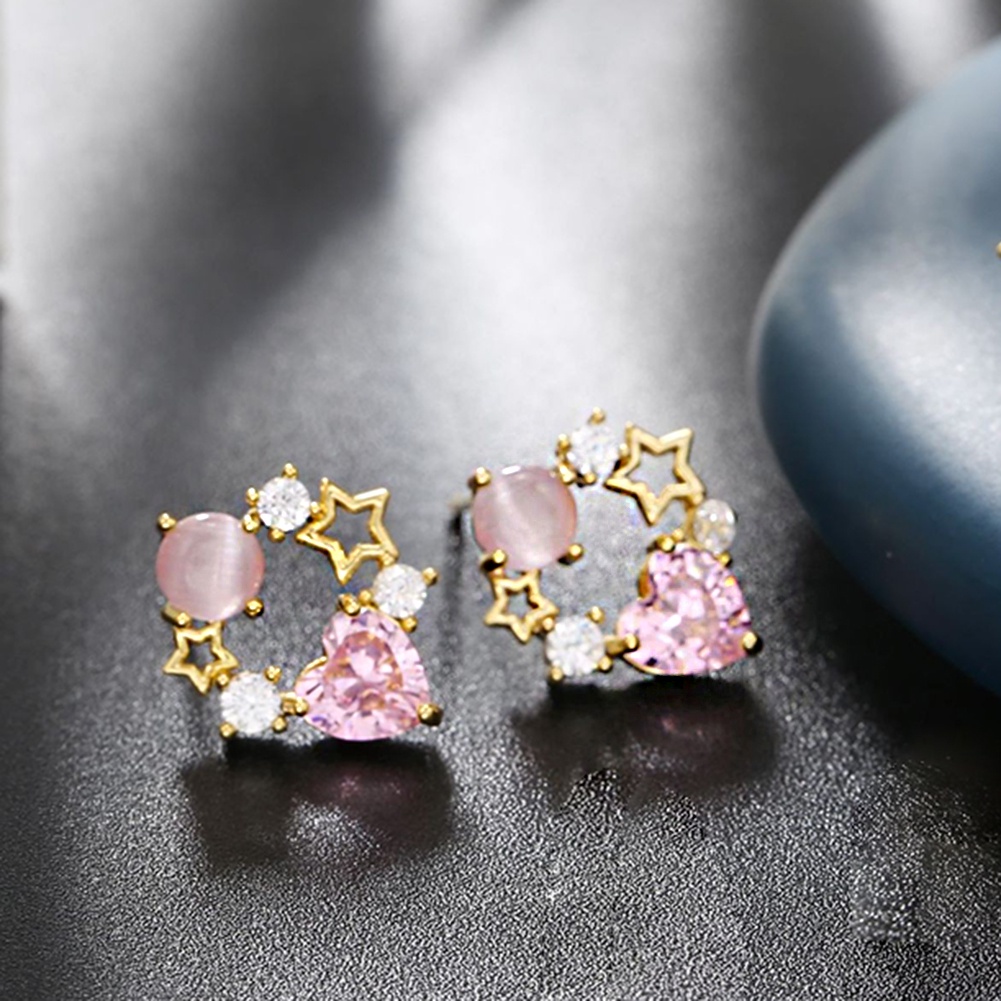 Anting Stud Manik-Manik Kristal Zircon Bentuk Bulat Warna Pink Untuk Hadiah Ulang Tahun