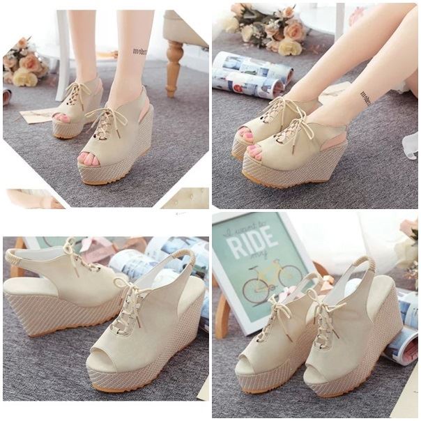 BJS507 - BEIGE/BLACK/PURPLE - Sepatu Wedge Wanita Cantik Elegan Import 9CM SEPATU PESTA WANITA HIGH HEELS MODEL TALI SEPATU HAK FASHION IMPORT TERMURAH TERLARIS TERBARU BAGSTORE JAKARTA JSW507