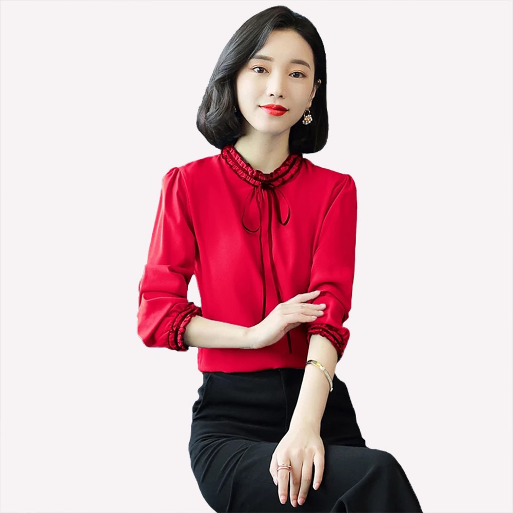 Blus Tangan Panjang Gaya Korea Variasi pita Leher - XSHOP New Josephine