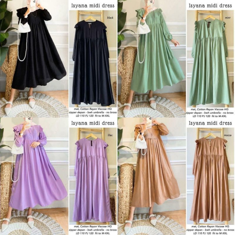 ISYANA Midi Dress/Gamis Wanita Terbaru Kekinian/Casual Dress Kekinian