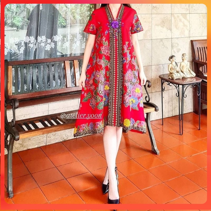DRESS BATIK PESTA MERAH TERSEDIA UKURAN JUMBO LD 120CM