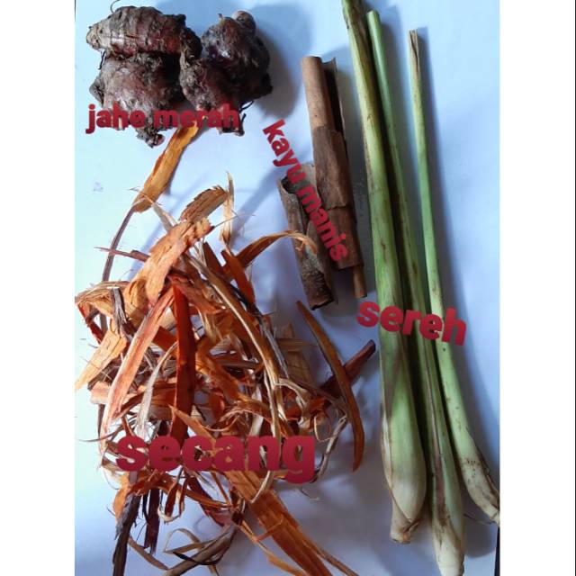 

wedang uwuh/jahe merah,sereh,kayumanis,secang,cengkeh, kapulaga