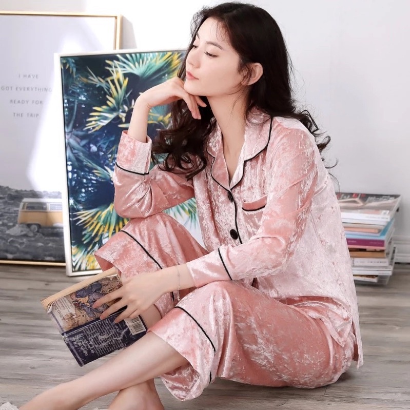 JC- Set Piyama Bulu Bludru PP / Piyama Kimono wanita terbaru / Stelan Bludru Premium import Murah-Bludru Basic SalemPP