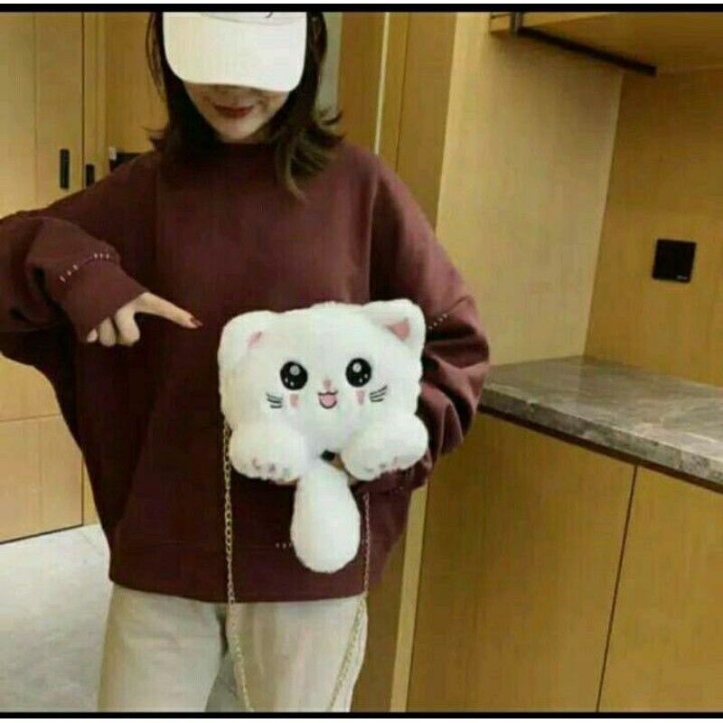 tas selempang kepala boneka kucing