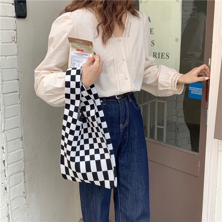 𝗘𝗕𝗦 ✅ TW010 Tas Knitted Checkered Tote Bag Tas Rajut Kotak Kotak Totebag Buffollow Viral Bangkok