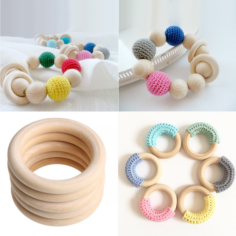 Mary 5pcs / Set Mainan Teether Bayi Bentuk Cincin Bahan Kayu 70mm Untuk DIY Craft