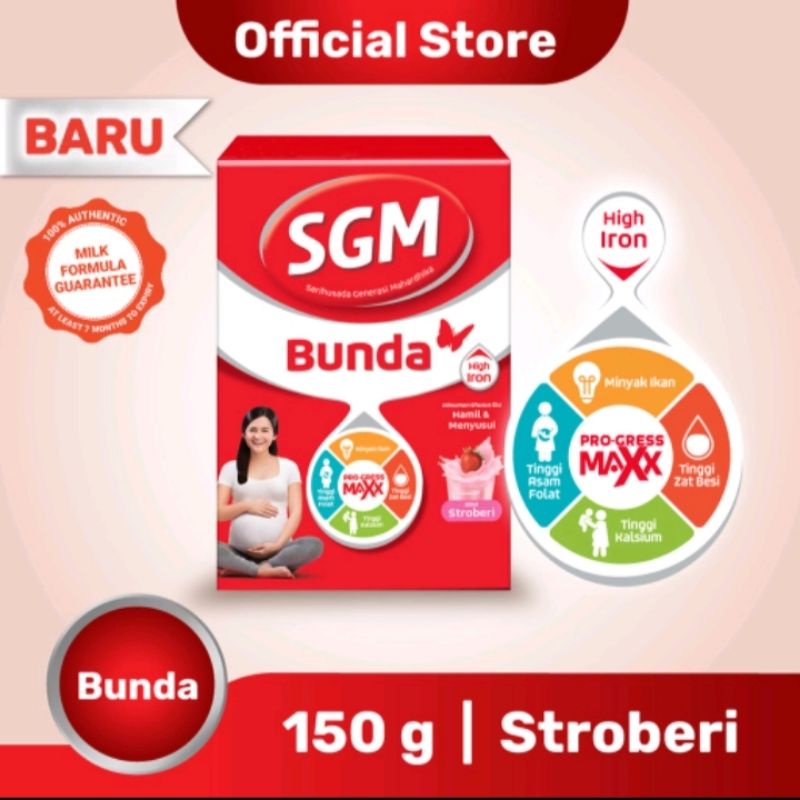SGM Bunda Pro-GressMaxx Murah dan Berkualitas, Tinggi Zat Besi Stroberi Susu Bubuk 150 gr (Ada harga