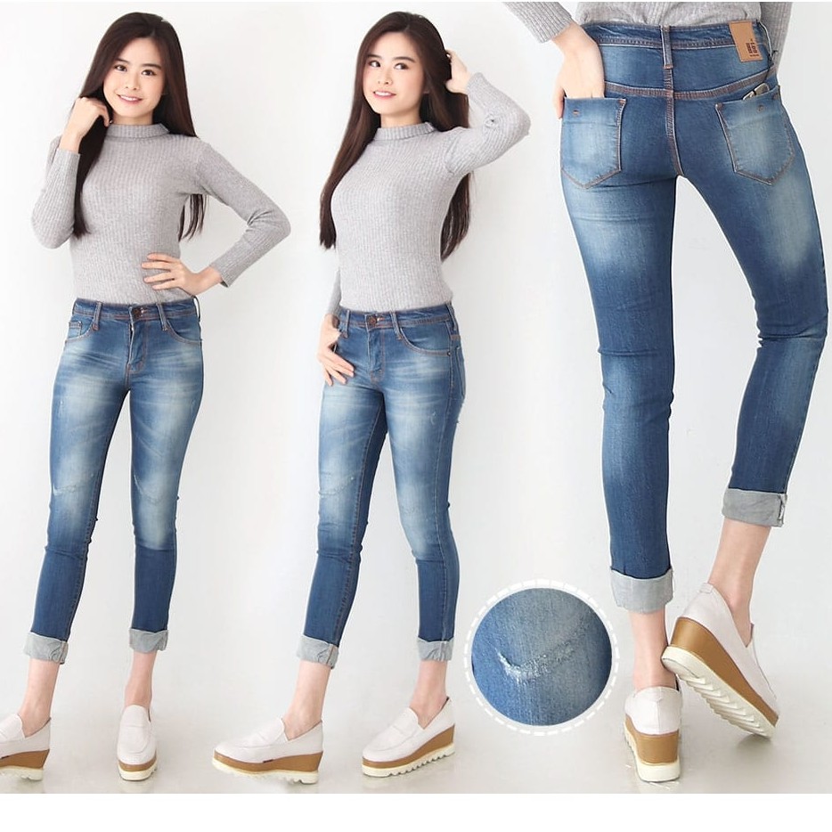  celana  jeans  panjang casual wanita model  high  waist  dengan 