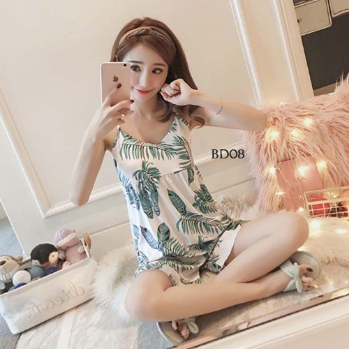 [SIAP KIRIM] SLEEP WEAR BAJU TIDUR IMPORT PIYAMA KOREA BABYDOLL PUTIH MOTIF DAUN BD08