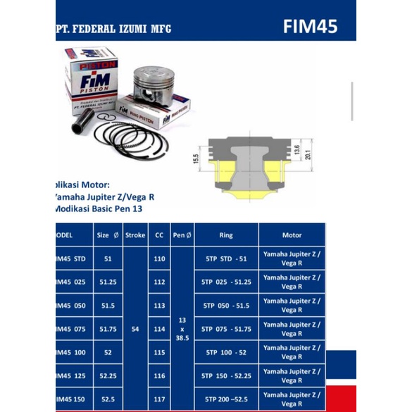 SEHER PISTON FIM IZUMI 50 50.5 51 51.5 52 52.5 53.5 54 55 55.25 57 57.5 58 58.5 59 - 64 JUPITER Z VEGA R RR ZR FORCE SUPRA GRAND ASTREA KARISMA BEAT BLADE REVO MIO SPORTY MIO SOUL NUOVO MIO J GT KLX 150 D-TRACKER CRF 150 VIXION JUPITER MX KING 135 R15 DLL