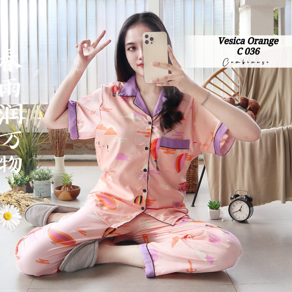 PIYAMA DEWASA JUMBO CP LD 120 cm big size lengan pendek celana panjang lucu-vesica pink ungu 120