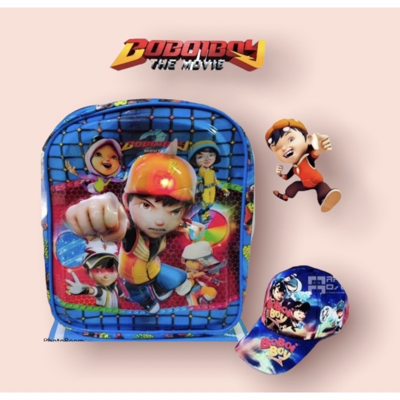 tas anak boboiboy 4 dimensi bisa menyala+topi printing boboiboy